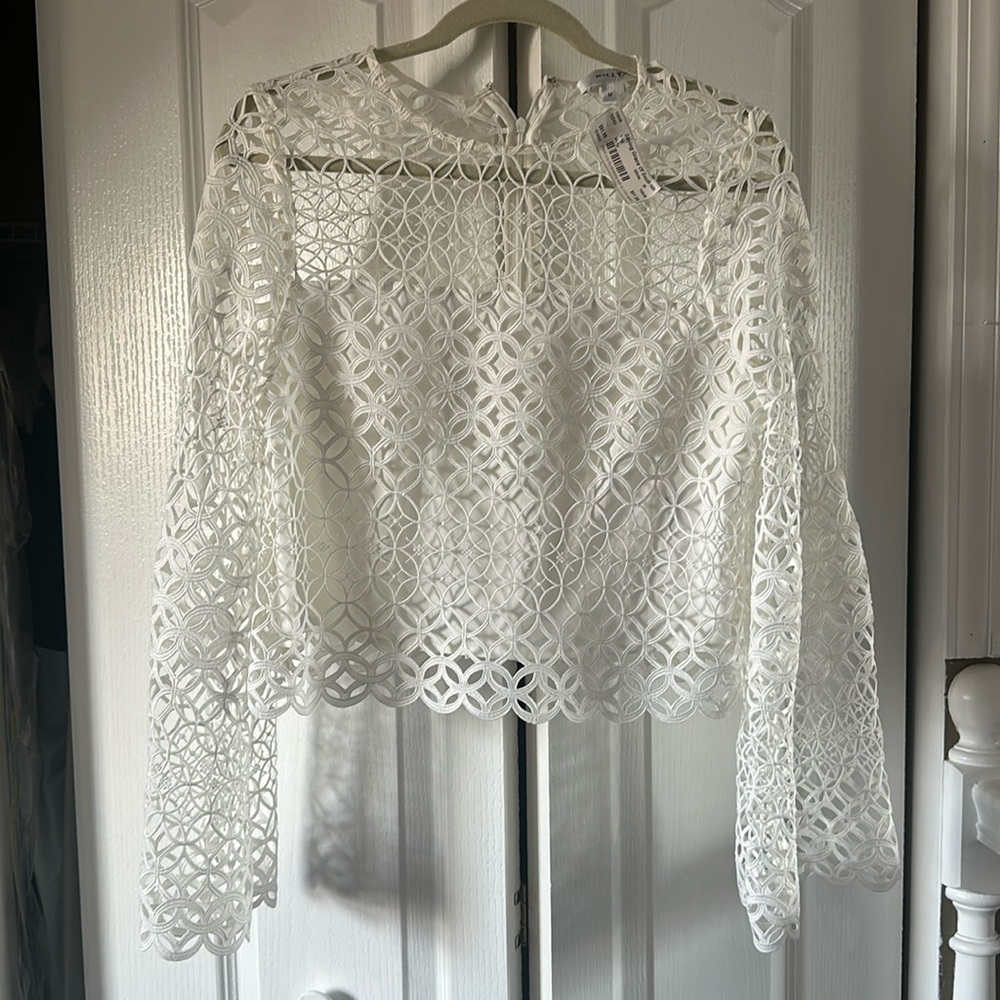 MILLY White Guipure Lace Long Sleeve Top Blouse Size M
